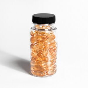 glass medication bottle with amber colored gel pills