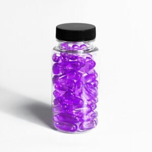 glass medication bottle with purple colored gel pills